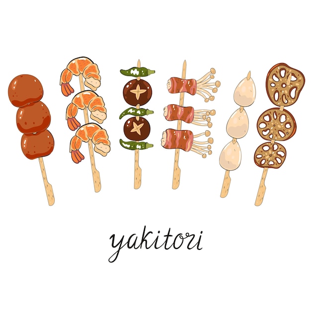 Set di diversi yakitori isolati su sfondo bianco grafica vettoriale