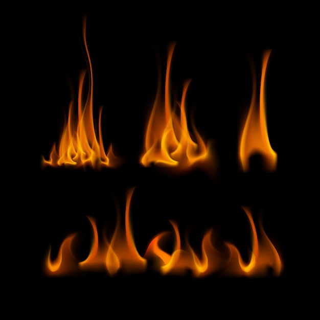 Set of  different yellow orange fire flame bonfire isolated on background