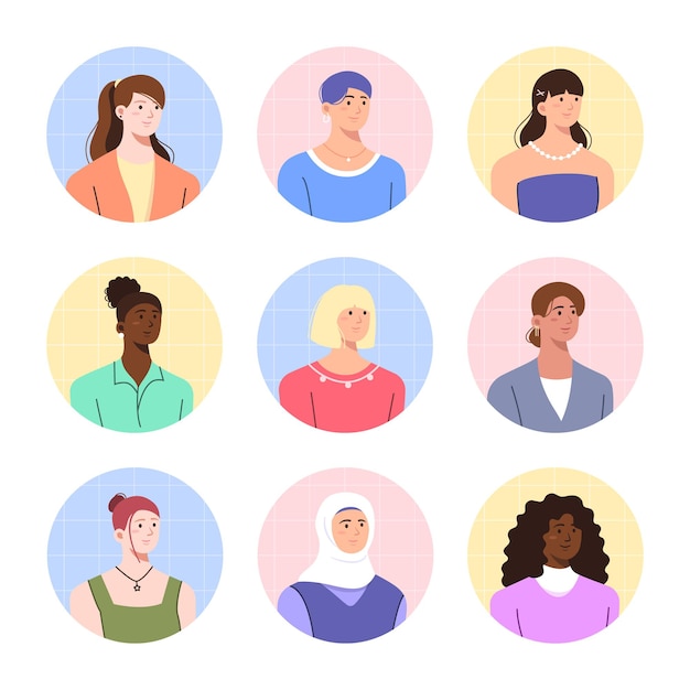 Set of different young girls avatar in flat design