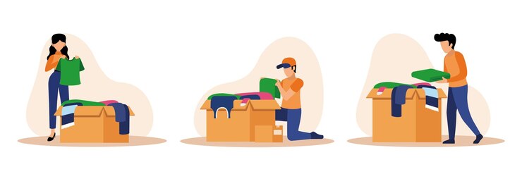 Vector set of different young volunteers packing clothes for charity