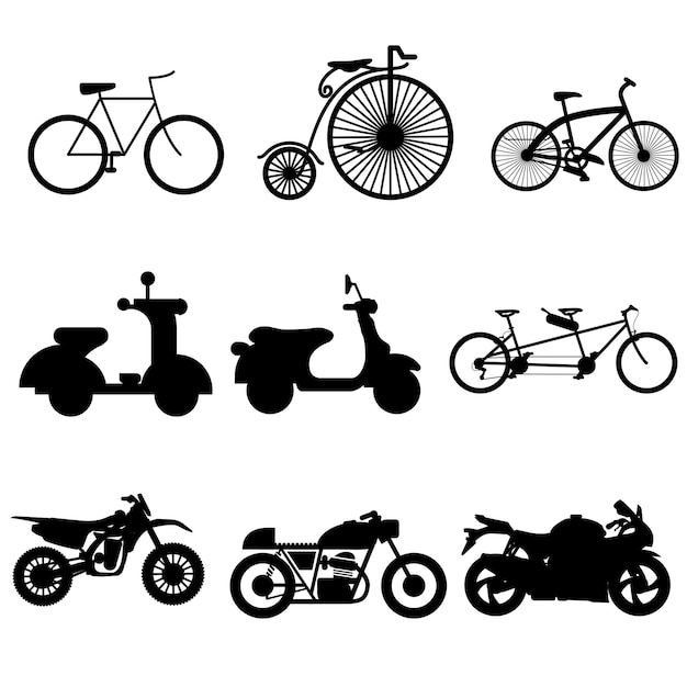 Set di differenti illustrazione vettoriale della silhouette di biciclette e motociclette