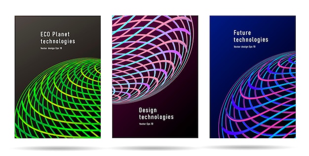 Vector set of digital banners or posters with bright spheres made of neon curves forming abstract