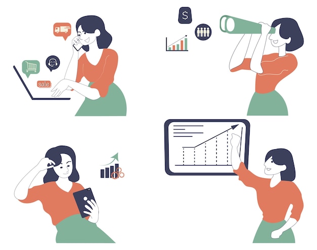 비즈니스 활동에 참여하는 여성과 장면의 디지털 비즈니스 일러스트레이션 컬렉션 설정