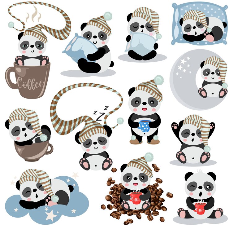 Vector set digital collage of panda waking up in sleep needs coffee