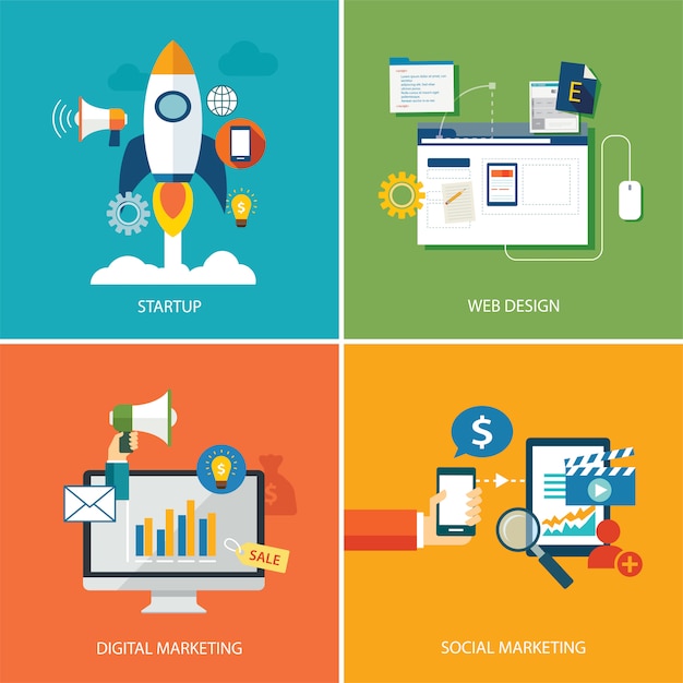 Set of digital marketing, startup, web design, social marketing 