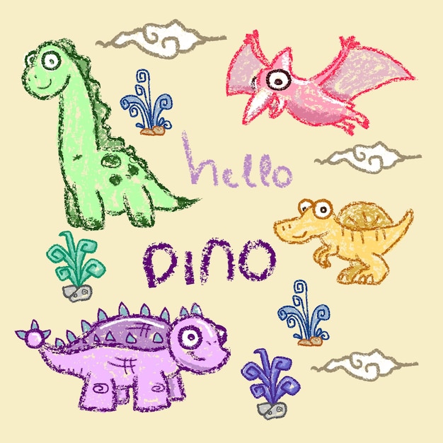 Vector set of dino hand drawn