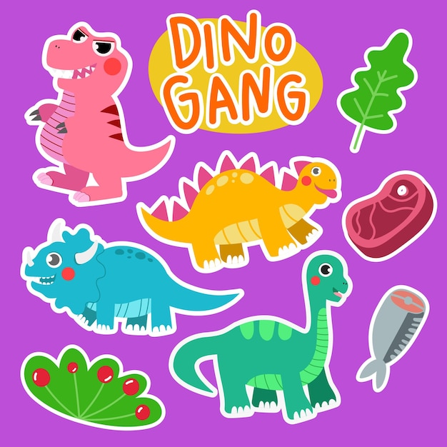 Set of dinosaur cute character isolate on purple background cute dinosaur stickers element