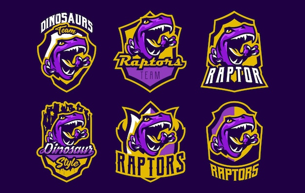 Vector set of dinosaur emblems sports logos dino a colorful collection of reptiles extinct predators vector illustration