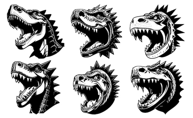 Set of dinosaur heads with open mouth and bared fangs with different angry expressions of the muzzle Symbols for tattoo emblem or logo isolated on a white background