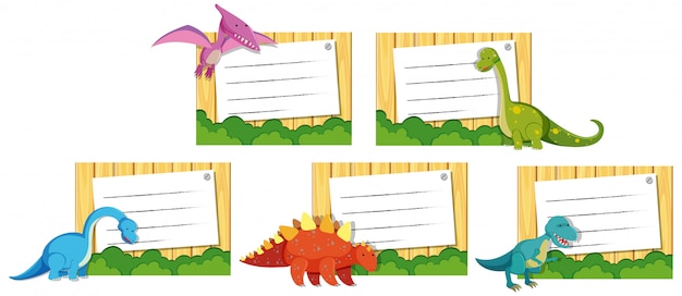 Vector set of dinosaur on note template