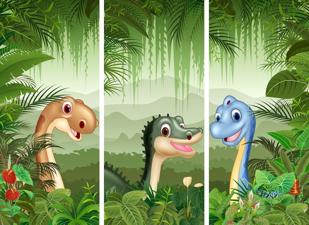 Set di dinosauro con sfondo foresta tropicale