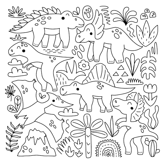 Set di dinosauri in stile doodle vettore isolato su sfondo bianco ideale per la decorazione della scuola materna, poster e tessuti per decorazioni natalizie