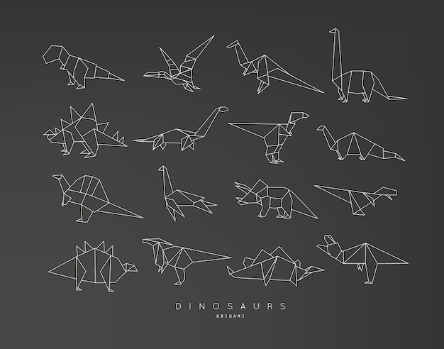 Vettore set di dinosauri in stile origami piatto tirannosauro pterodattilo barosauro stegosauro nero