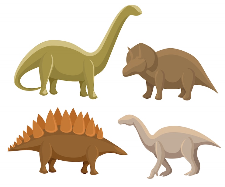 Vector set of dinosaurs. stegosaurus, triceratops, iguanodon, diplodocus.  illustration  on white. colorful set of fantasy cute monsters, animals and prehistoric character