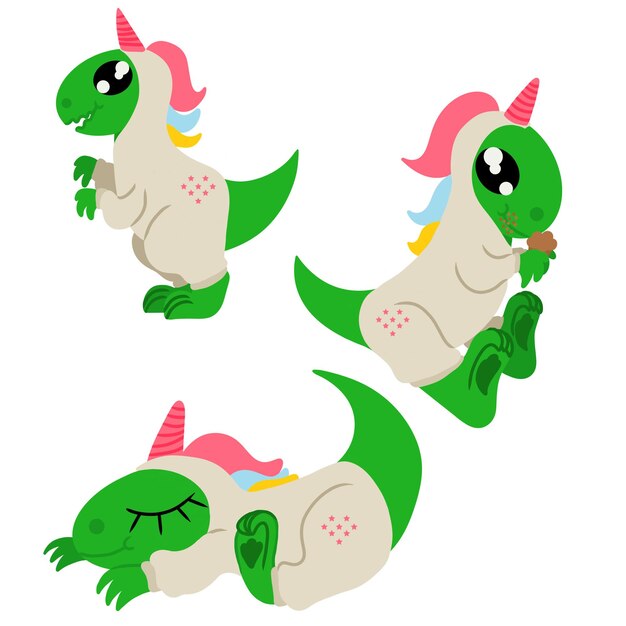 Set of dinosaurs in unicorn kigurumi image isolated on white background vector illustration