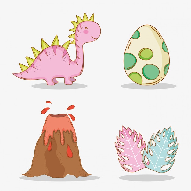 Vector set diplodocus with dino egg and volcano with leaves