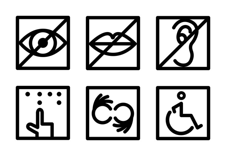 Vector set of disabled signs handicapped man sitting in wheelchair deafmute gestures brailler blind