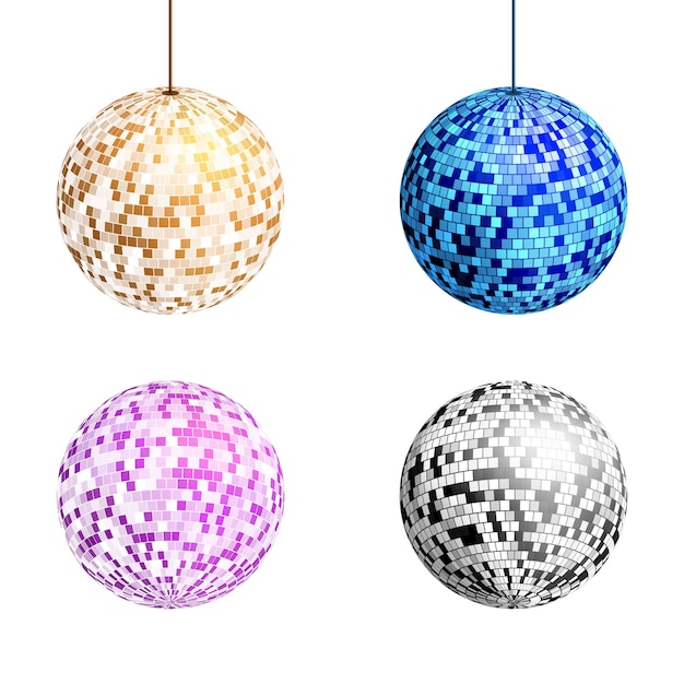 Set di palla da discoteca con raggi di luce isolati su bianco
