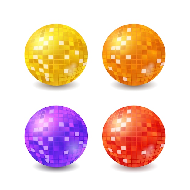 Set of disco balls, realistic mirrorballs isolated on white background