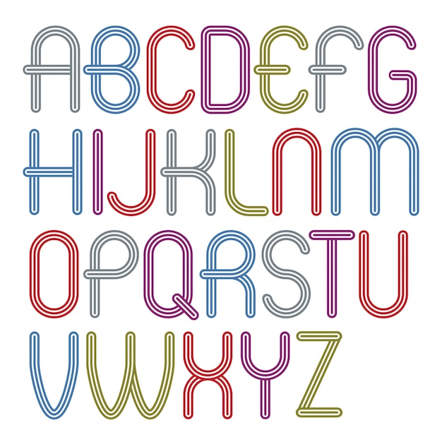 Set of disco vector upper case English alphabet letters isolated. Funky rounded font, typescript for use in logo design. Made with triple stripy decoration.