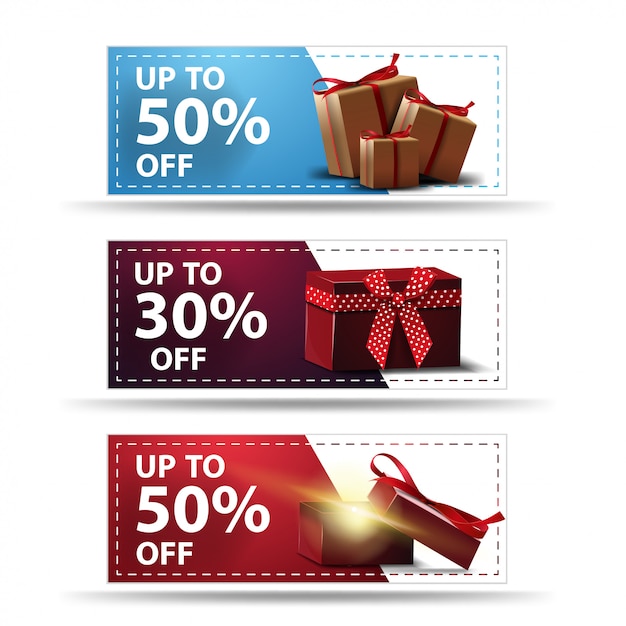 Set discount banners with gifts isolated on white