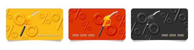 Vector set of discount or cards for gas station with 3d illustration of gas gun and wheels