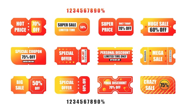 Set of discount coupons in red and yellow colors