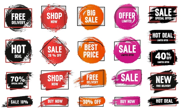 Vector set of discount elements with frames textures and text for busines