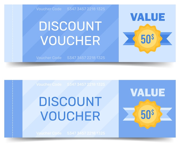 Set of discount vouchers in blue colors vector horizontal template Coupon certificate value 50 usd