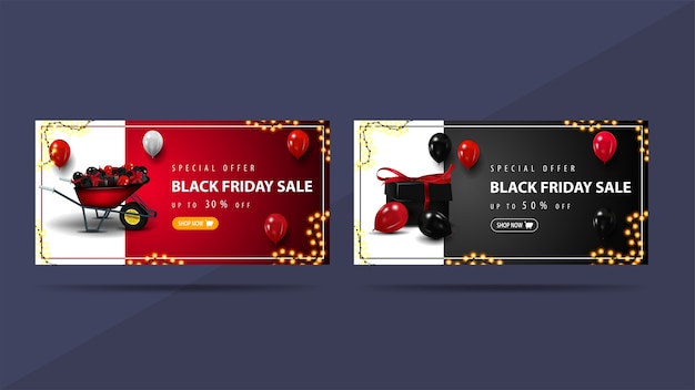 Set di banner sconti per il black friday con carriola e regali. bandiere di sconti rossi e neri