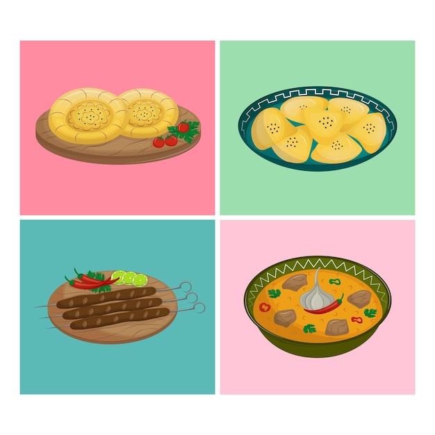 Набор блюд кавказской кухни Традиционная азиатская еда Фаст-фуд уличная еда Векторная иллюстрация
