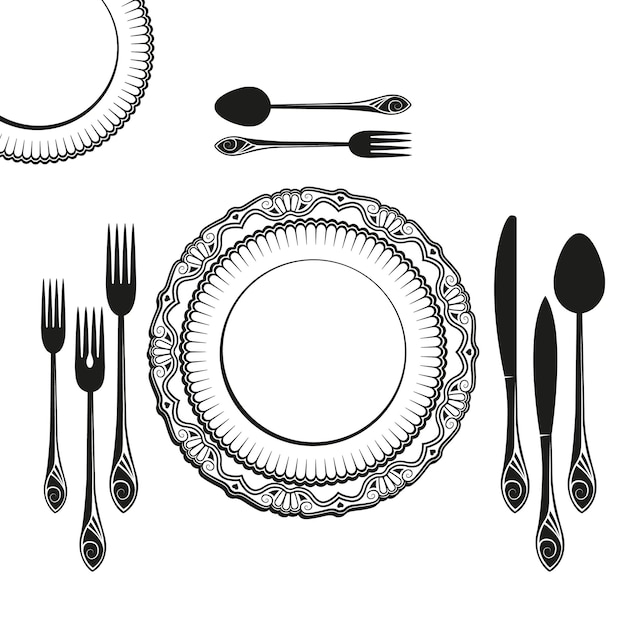 Set of dishes, such as plates, forks, spoons and knives