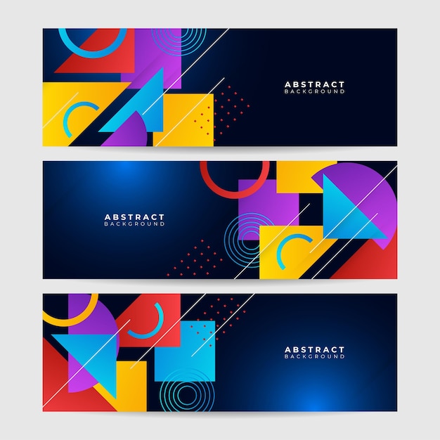 Vector set of display abstract dark blue colorful memphis wide banner design background