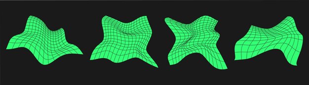 Set of distorted cyber grids Cyberpunk geometry element y2k style Isolated green mesh