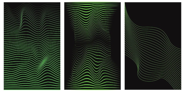 Set of distorted pattern of green neon lines on a black background abstract glitch background retr