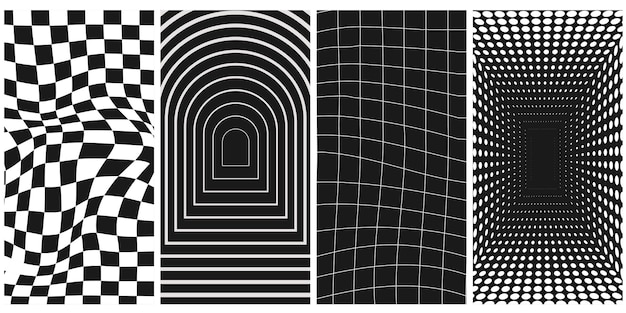 Set of distorted vertical grid pattern and checkerboard pattern Y2K Retrowave shapes rave