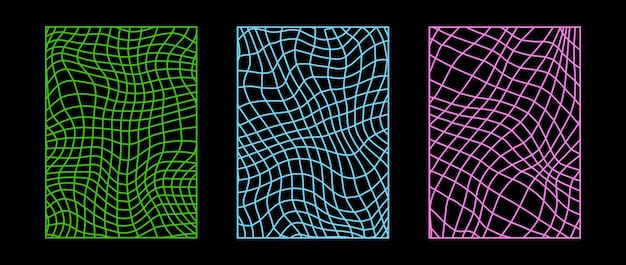 Set of distorted wireframe backgrounds Abstract neon colored wavy checkerboard wallpapers collection