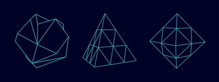 Vector set of distorted wireframe sphere pyramid and cube from different sides vector abstract geometric 3d objects technology block chain network connection big data visualization