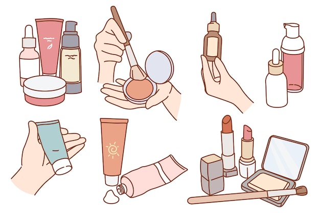 Набор разнообразных косметических средств для макияжа Коллекция косметических средств для макияжа лица