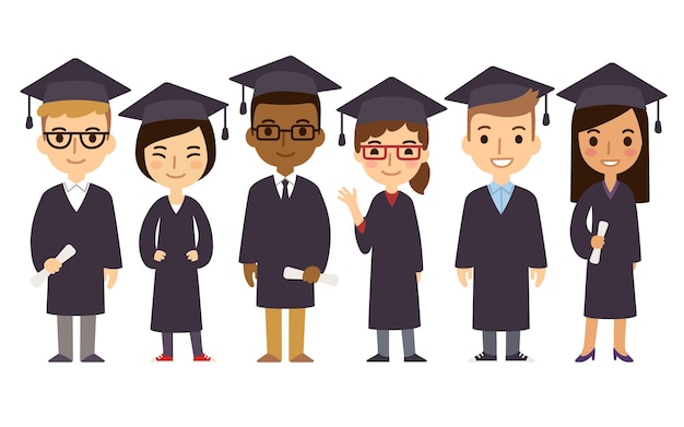 Set of diverse college or university graduation students isolated on white background. different nationalities and dress styles. cute and simple flat cartoon style.