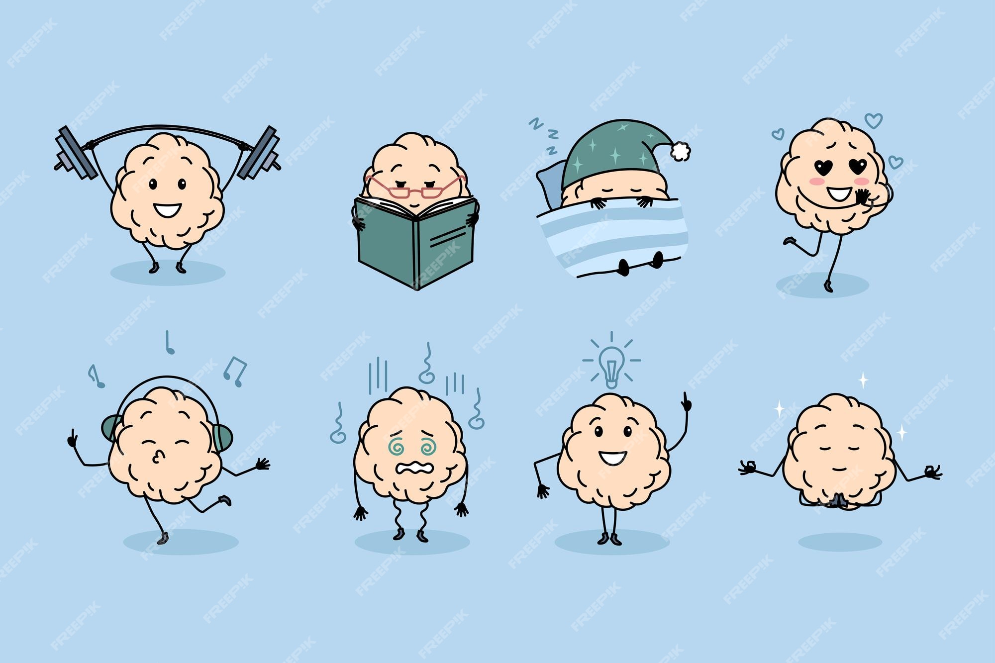 Premium Vector | Set of diverse funny human brain icons do daily routine activities collection of funny mind train sleep and dance mental intellectual activity and development vector illustration Premium Vector | Set of diverse funny human brain icons do daily routine activities collection of funny mind train sleep and dance mental intellectual activity and development vector illustration
