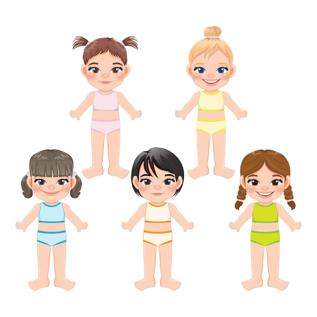 Vector set of diverse girls body front side template girls in women s tank top and panties isolated on white background vector