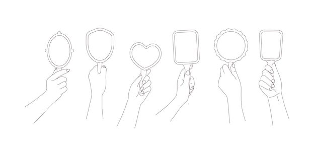 Set diverse hands holding differently shaped mirrorsLine illustration