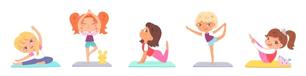 Set diverse kids practicing yoga performing different position exercising on mat Collection girls doing sports training stretching body feeling harmony balance