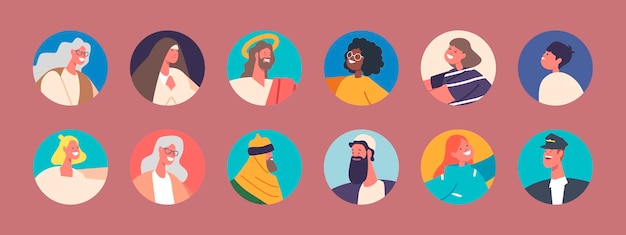 Set Of Diverse People Avatars Isolated Round Icons Of Senior And Young Saint Mary Jesus Christ And Magi