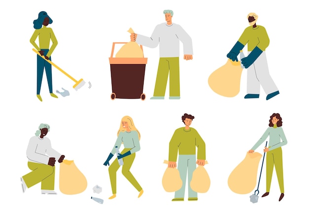 Vector set of diverse people characters cleaning streets sketch