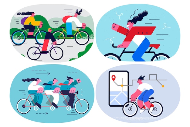 Insieme di persone diverse andare in bicicletta rilassarsi durante il fine settimana di svago estivo. la raccolta di uomini e donne ciclisti in bicicletta si diverte a riposare godendosi la spesa attiva del tempo. illustrazione vettoriale piatto.