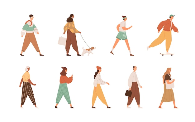 Set of diverse people walking, going, running, strolling with dog. Different men and women's full-length profiles. Colored flat vector illustration of pedestrians isolated on white background.