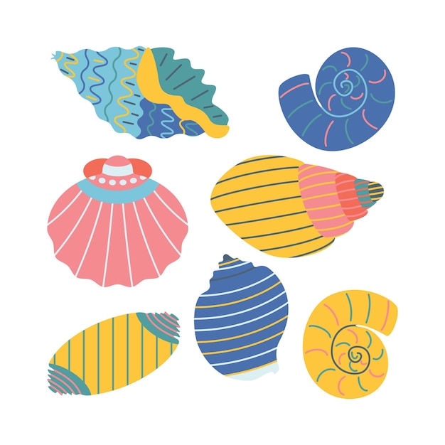 Набор разнообразных морских ракушек водных животных в плоском мультяшном стиле