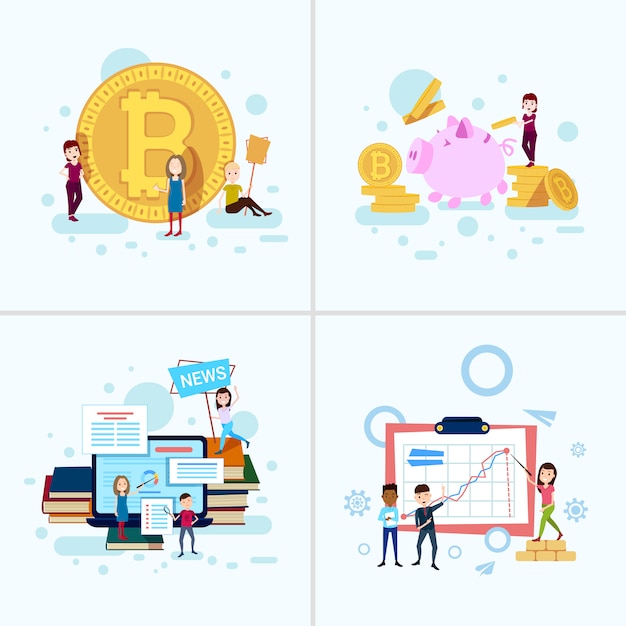 Set diversity boy girl character bitcoin money growth concepts male female template for design work and animation on white background full length flat